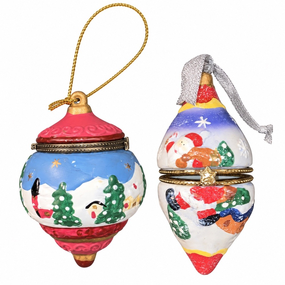 2 Hinged Ceramic Christmas Ornament Trinket Boxes Santa Winter Village
